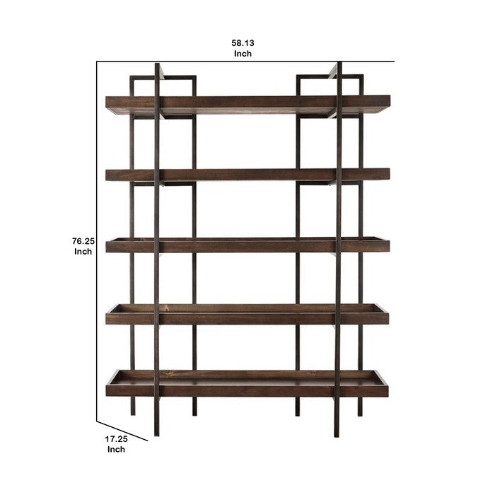 Bookcase with 5 Fixed Wooden Shelves and Metal Frame, Brown and Black