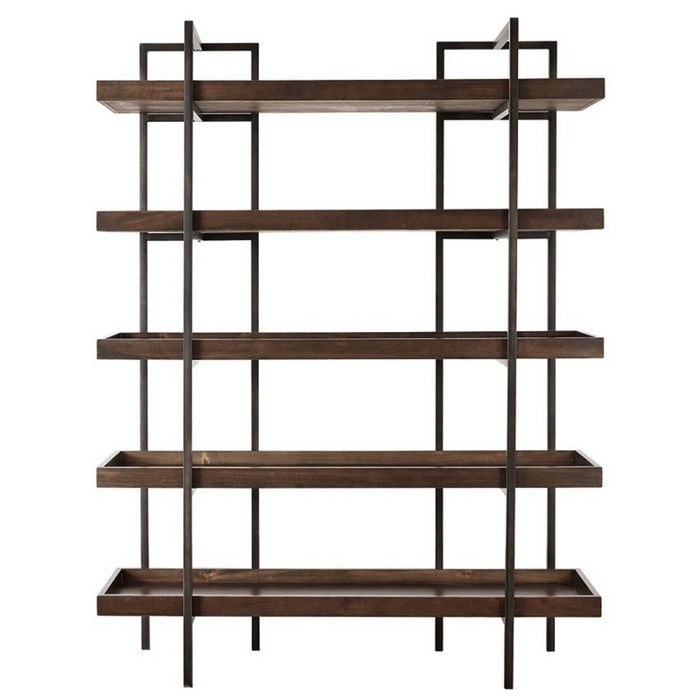 Bookcase with 5 Fixed Wooden Shelves and Metal Frame, Brown and Black