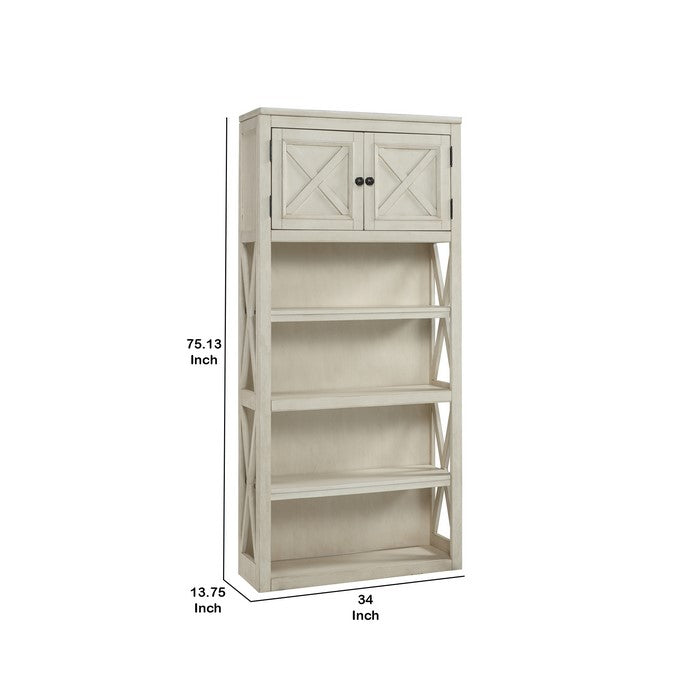 Wooden Bookcase with 4 Open Shelves and 2 Door Cabinet, White