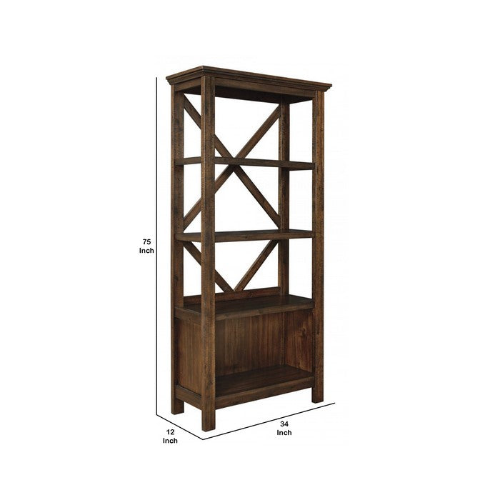 Wooden Bookcase with 3 Open Shelves and 1 Open Compartment, Brown