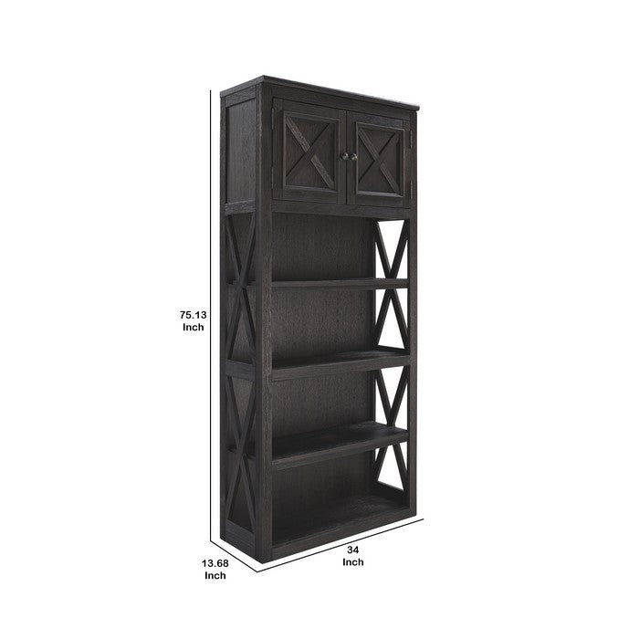 Wooden Bookcase with 4 Open Shelves and 2 Door Cabinet, Dark Gray