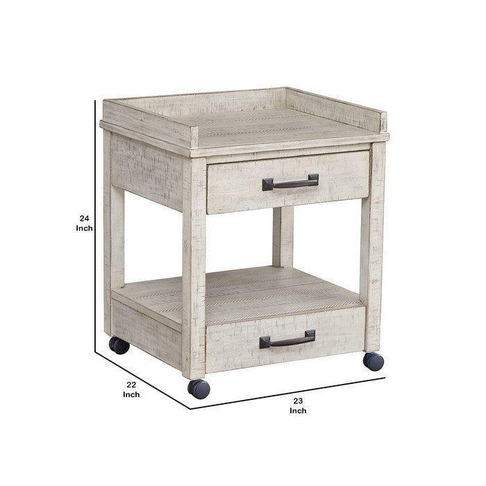 Wooden Printer Stand with 2 Drawers and Open Bottom Shelf, Distressed White