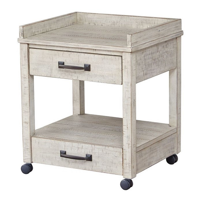 Wooden Printer Stand with 2 Drawers and Open Bottom Shelf, Distressed White