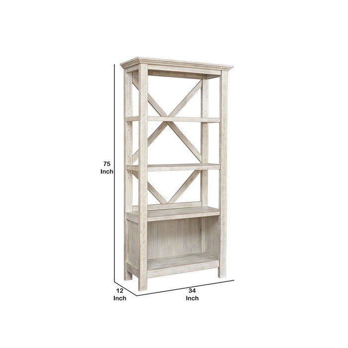 X Shape Back Bookcase with 3 Open Shelves and 1 Open Compartment, White