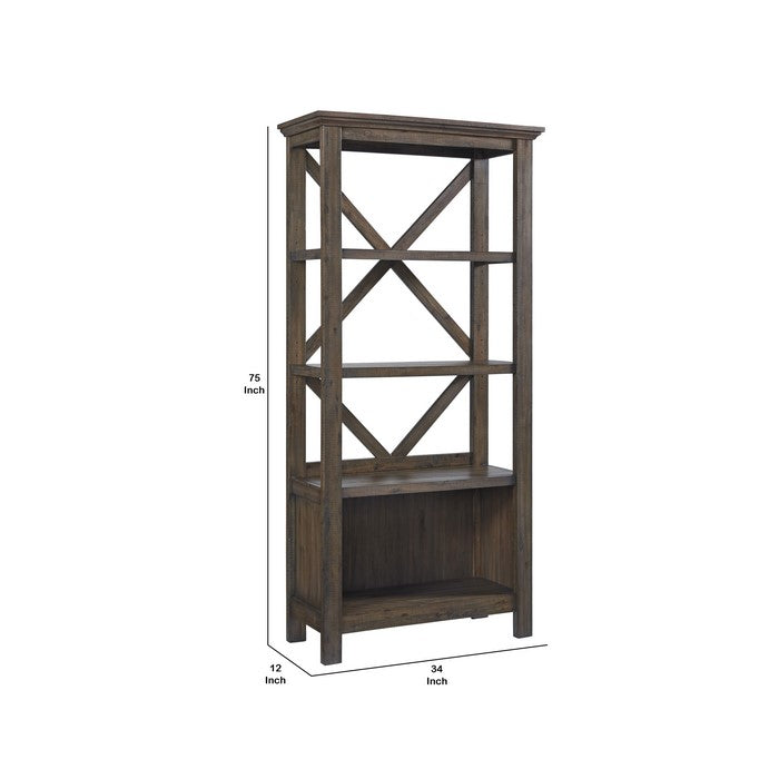 X Shape Back Bookcase with 3 Open Shelves and 1 Open Compartment,Dark Brown