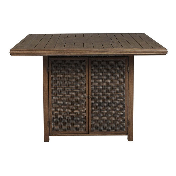 Square Aluminum Bar Table with Fire Pit and Resin Wicker Side Panels, Brown