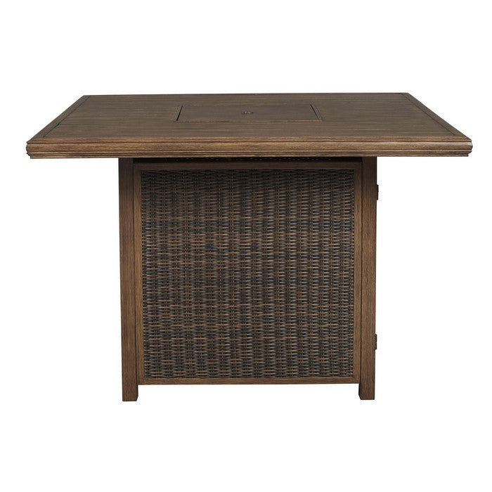 Square Aluminum Bar Table with Fire Pit and Resin Wicker Side Panels, Brown