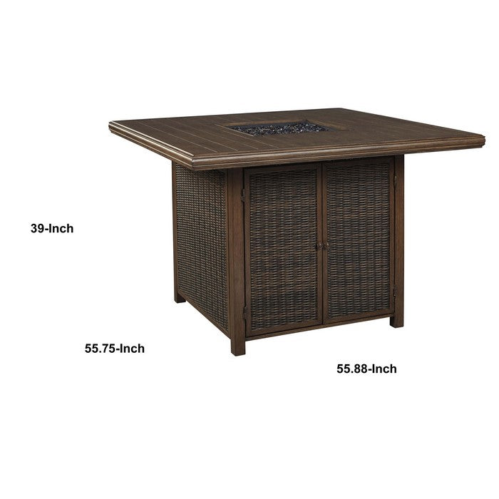 Square Aluminum Bar Table with Fire Pit and Resin Wicker Side Panels, Brown