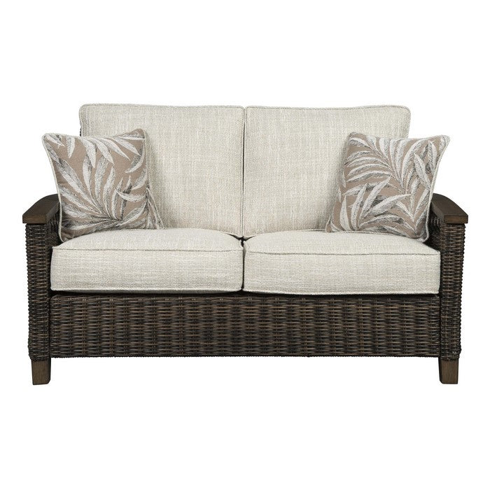 Resin Wicker Woven Loveseat with Cushioned Seat, Brown and Gray