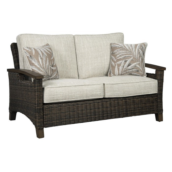 Resin Wicker Woven Loveseat with Cushioned Seat, Brown and Gray