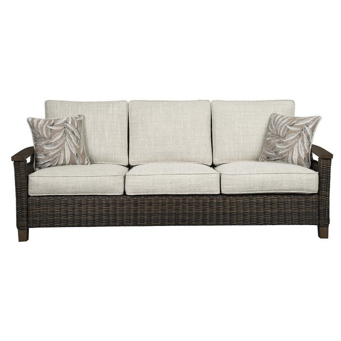 Resin Wicker Woven 3 Seater Sofa with Cushioned Seat, Brown and Gray