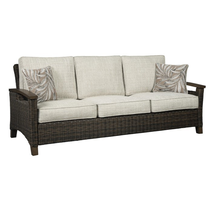 Resin Wicker Woven 3 Seater Sofa with Cushioned Seat, Brown and Gray