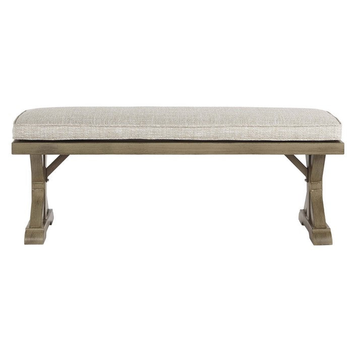 Dual Pedestal Aluminum Base Bench with Fabric Cushion Seat, Beige