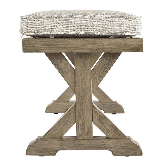 Dual Pedestal Aluminum Base Bench with Fabric Cushion Seat, Beige