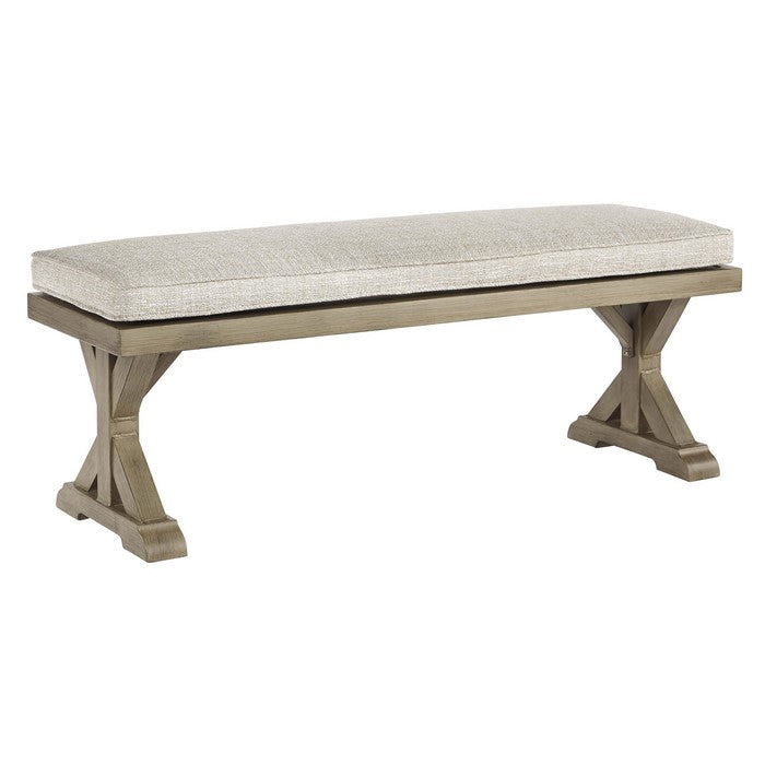 Dual Pedestal Aluminum Base Bench with Fabric Cushion Seat, Beige