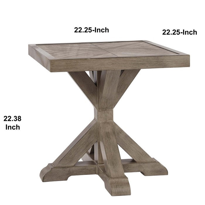 Farmhouse Style Square Aluminum End Table with Cross Pedestal Base, Brown