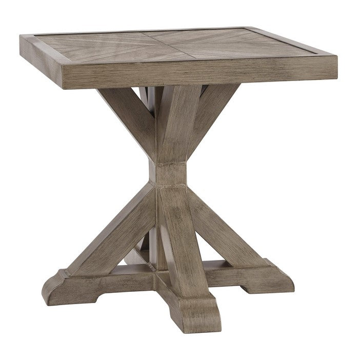 Farmhouse Style Square Aluminum End Table with Cross Pedestal Base, Brown