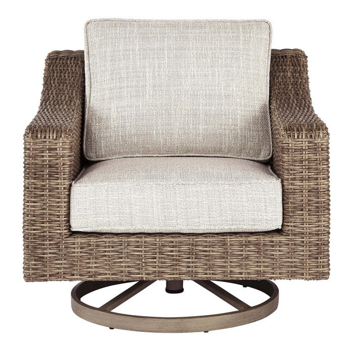Resin Wicker Woven Swivel Chair with Cushioned Seat, Brown and Beige