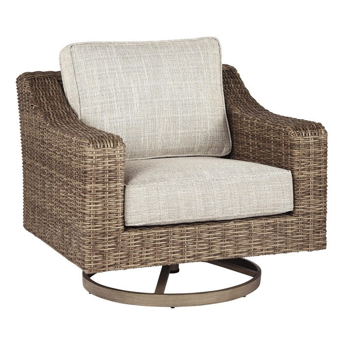 Resin Wicker Woven Swivel Chair with Cushioned Seat, Brown and Beige