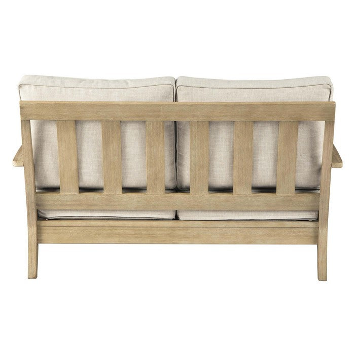 Traditional Wooden Loveseat with Fabric Cushioned Seating, Beige and Brown