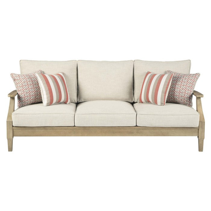 Traditional Wooden Sofa with Fabric Cushioned Seating, Beige and Brown