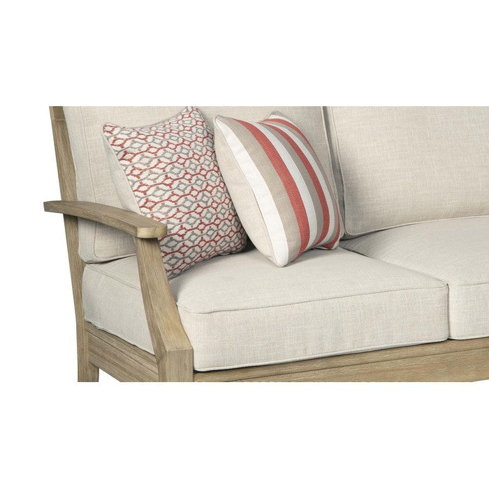 Traditional Wooden Sofa with Fabric Cushioned Seating, Beige and Brown