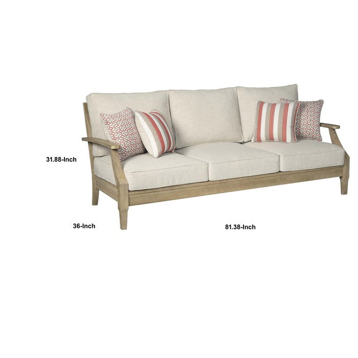 Traditional Wooden Sofa with Fabric Cushioned Seating, Beige and Brown
