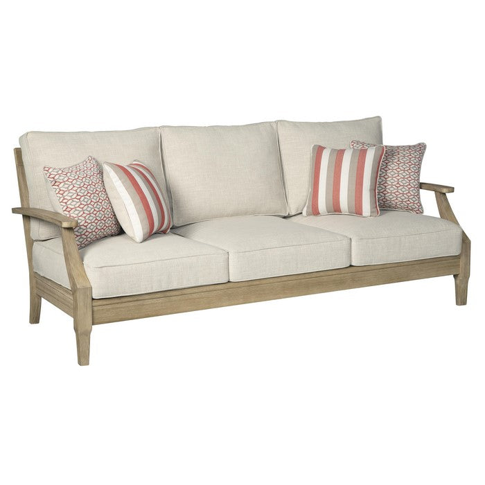 Traditional Wooden Sofa with Fabric Cushioned Seating, Beige and Brown