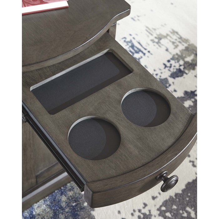 Wooden Chairside End Table with Curved Pull Out Tray and Power Hub, Gray