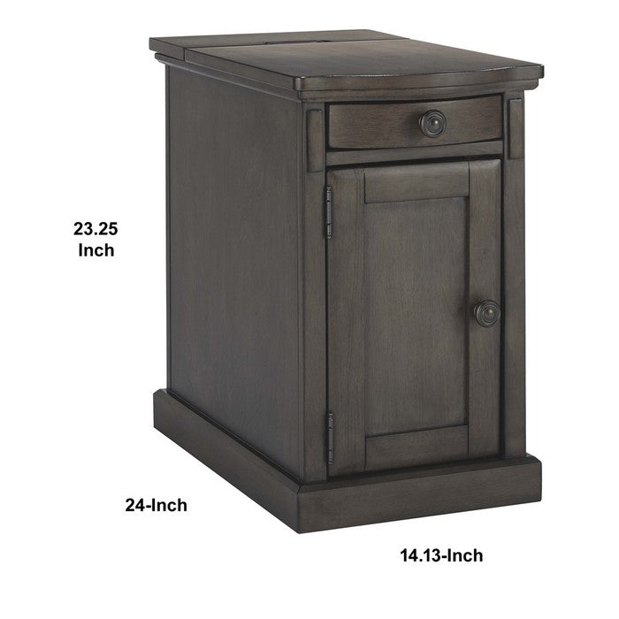 Wooden Chairside End Table with Curved Pull Out Tray and Power Hub, Gray