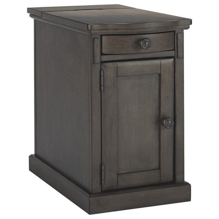 Wooden Chairside End Table with Curved Pull Out Tray and Power Hub, Gray