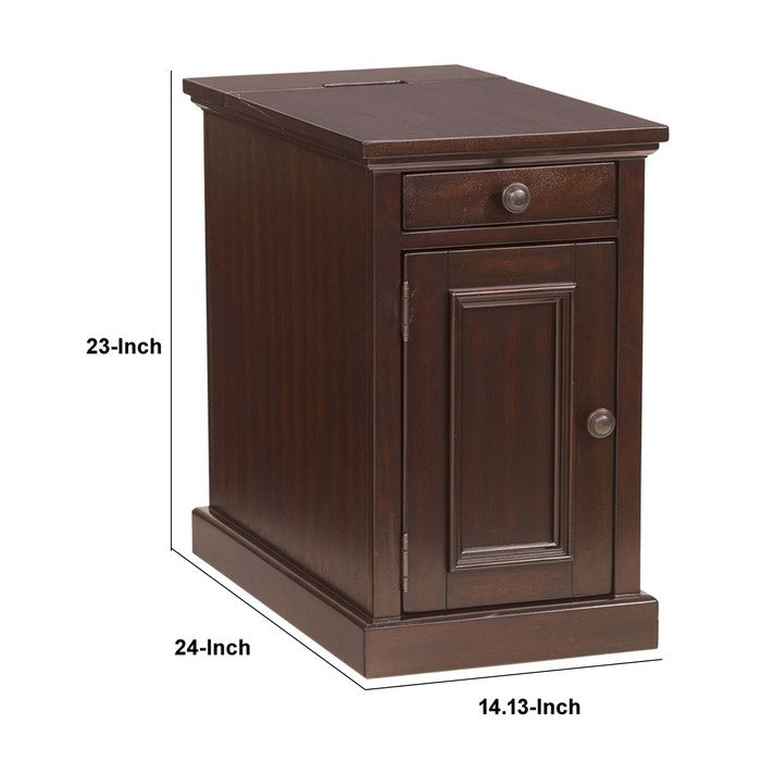 Wooden Chairside End Table with Pull Out Tray and Power Hub, Brown