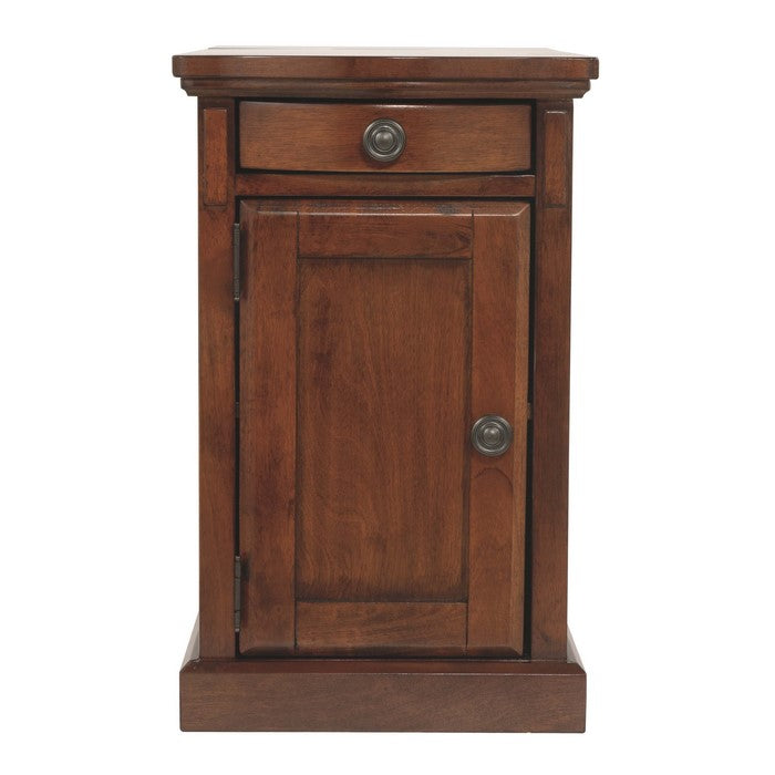 Wooden Chairside End Table with Curved Pull Out Tray and Power Hub, Brown