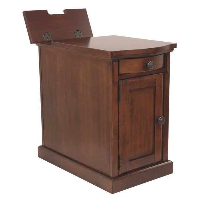 Wooden Chairside End Table with Curved Pull Out Tray and Power Hub, Brown