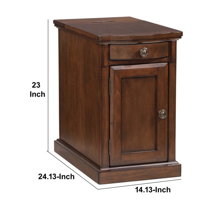 Wooden Chairside End Table with Curved Pull Out Tray and Power Hub, Brown