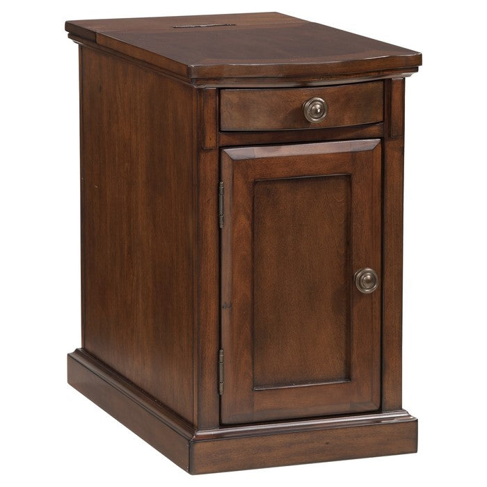 Wooden Chairside End Table with Curved Pull Out Tray and Power Hub, Brown