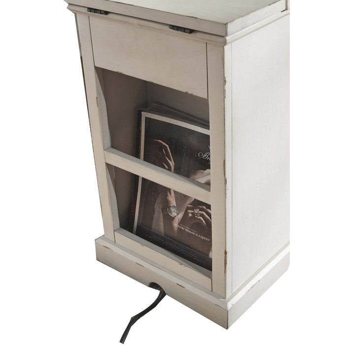 Flip Top Wooden Chairside End Table with Pull Out Tray and Power Hub, White