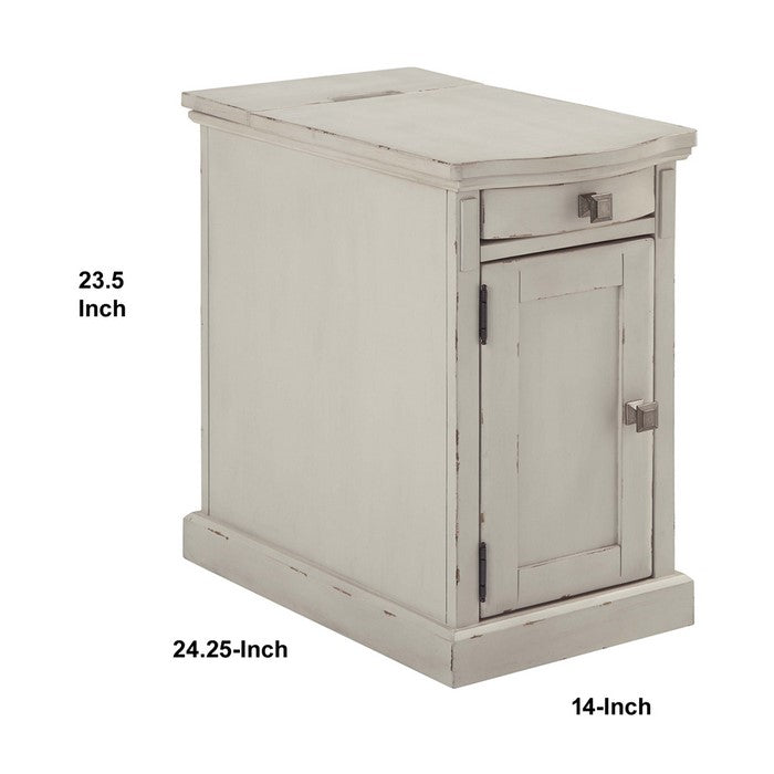 Flip Top Wooden Chairside End Table with Pull Out Tray and Power Hub, White