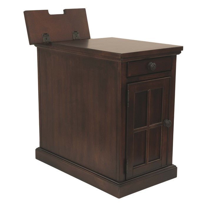 Wooden Chairside End Table with Pull Out Tray and Power Hub, Dark Brown