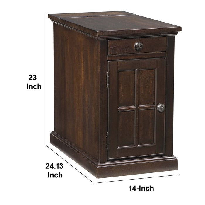 Wooden Chairside End Table with Pull Out Tray and Power Hub, Dark Brown