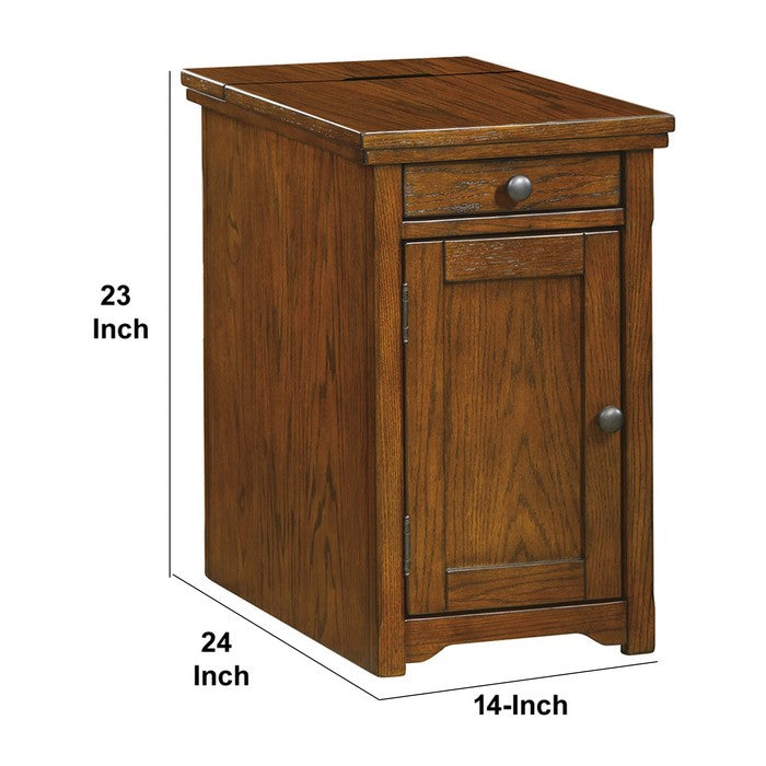 Flip Top Wooden Chairside End Table with Pull Out Tray and Power Hub, Brown