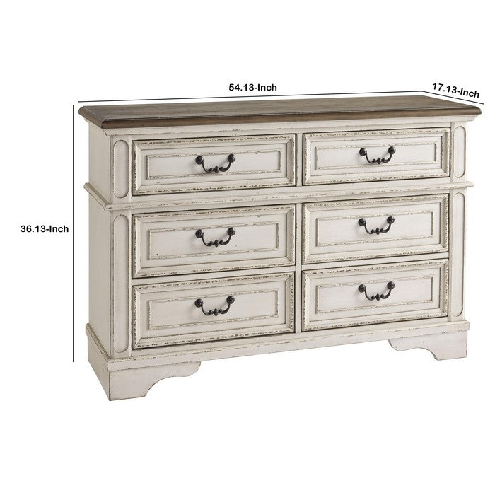 Wooden Dresser with 6 Storage Drawers and Bracket Feet, Antique White