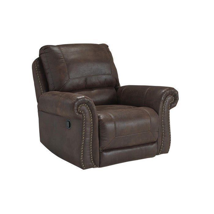 Nailhead Trim Leatherette Rocker Recliner with Deep Tufted Footrest, Brown
