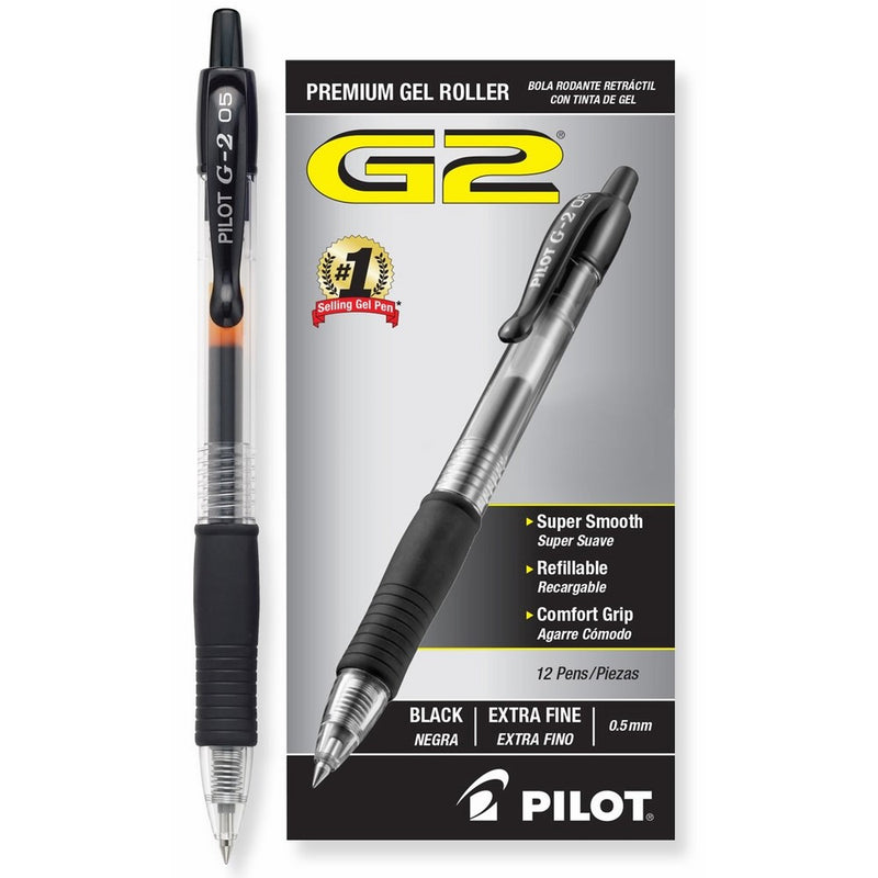 Pilot G2 Retractable Premium Gel Ink Roller Ball Pens Extra Fine (.5) Dozen Box Black; Retractable, Refillable & Premium Comfort Grip; Smooth Lines to the End of Page, America's #1 Selling Pen Brand