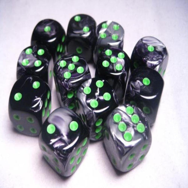 Chessex Dice d6 Sets: Gemini Black & Grey / Gray with Green - 16mm Six Sided Die (12) Block of Dice