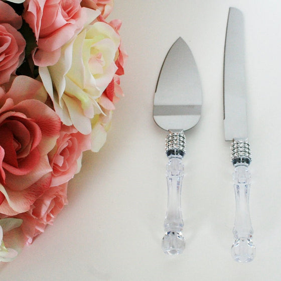 Lolasaturdays Wedding Party Cake Knife Server Set with Faux Crystal Handle and diamond accents