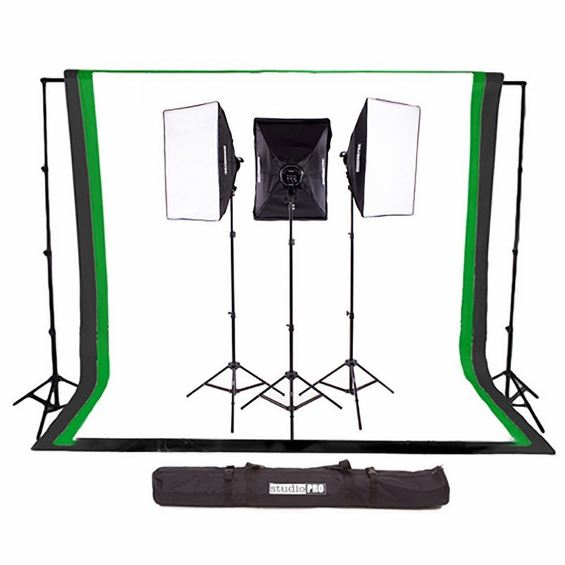 Fovitec StudioPRO 3000W Complete Photography Photo Video Studio Triple Light Softbox Continuous Lighting Kit with 6ft x 9ft Black, White, and Green Muslin Backdrops with Background Support