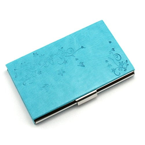 Partstock(TM) Flower Pattern PU Leather & Stainless steel Business Name Card Holder Wallet Credit card ID Case / Holder 22 Name Cards Case For Women Ladys.(Blue)