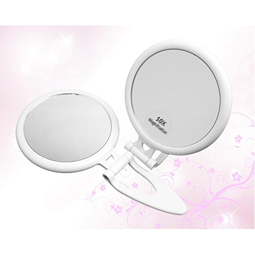 QT Foldable Handheld 10x Magnifying Travel Mirror - 10x and 1x Magnification, Two sided mirror that has a convenient handle. Perfect for traveling.