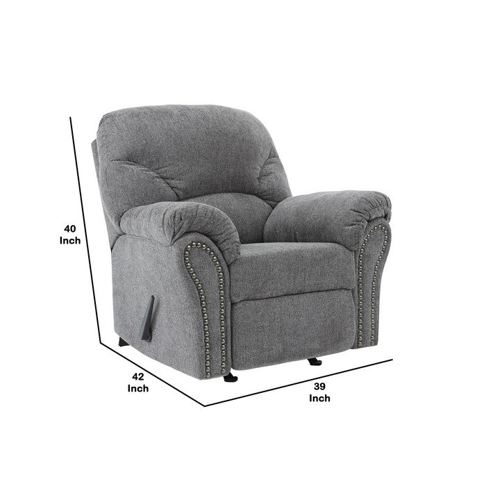 Nickel Nailhead Trim Fabric Upholstered Rocker Recliner, Gray